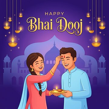 Happy bhai dooj greeting card with sister applying tilak on brothers forehead
