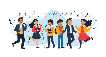 Fototapeta premium Cheerful group of school children singing together in a choir with microphones and musical notes in the background.
