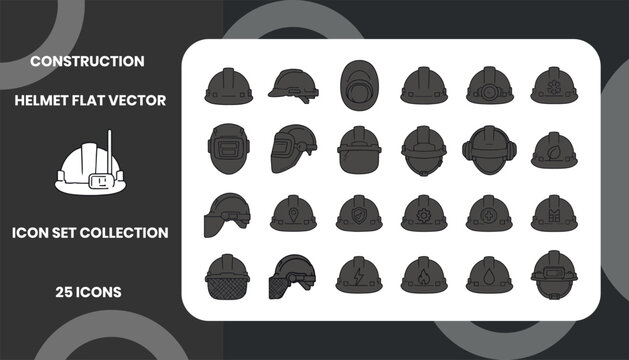 Construction Helmet Flat Vector Icon Set Collection for Industrial Safety, PPE Equipment, Engineering, Mining, Manufacturing, and Worker Protection Design