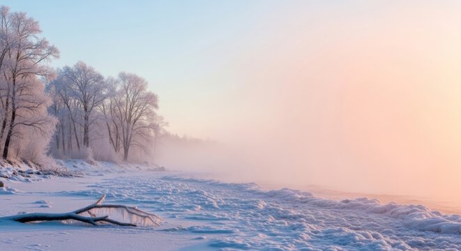 A frozen shoreline at dawn with frost laden trees silhouetted against a peach and salmon colored fog