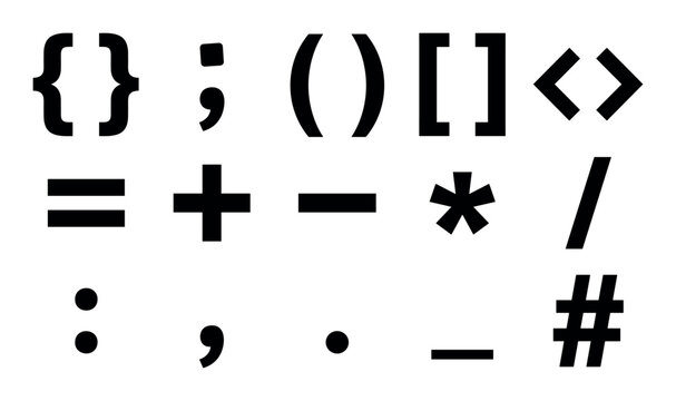 Programming and coding concept icons with brackets, operators and punctuation for web design in minimal glyph style