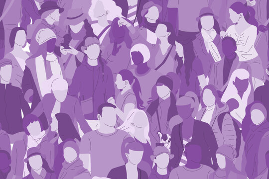 Seamless pattern with monochrome purple crowd of different people, men and women. Diversity concept. Pedestrians at rush hour walking