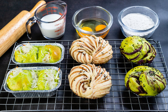 Assorted Homemade Artisan Bread with Pandan Coconut, Sweet Swirl and Purple Sweet Potato Buns