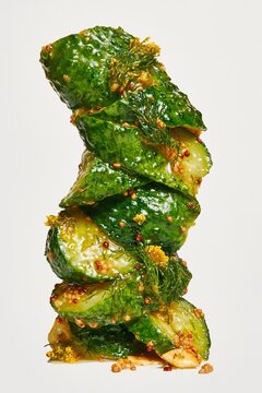 Sculptural Stack of Ukrainian Pickled Cucumbers Side Angle with Dill Flowers Editorial Photography
