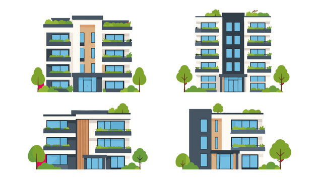 Set of modern apartment building facades with trees