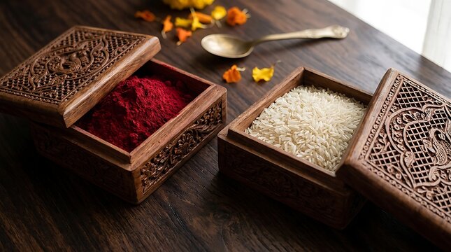 Traditional indian puja items with kumkum and rice in carved wooden boxes