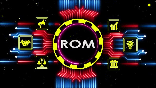 Neon digital circuit interface with rom text and glowing business icons animation.