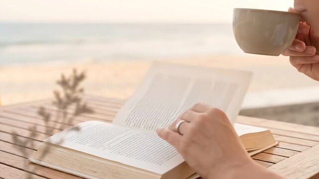 Reading book and drinking coffee by the sea