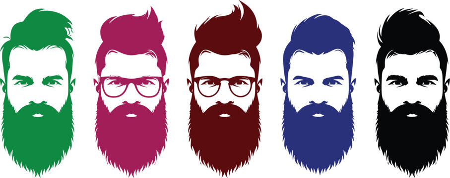 Man icon set showing bearded male faces in artistic styles