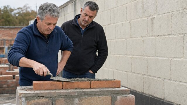 Midlife man learning masonry bricklaying during vocational training