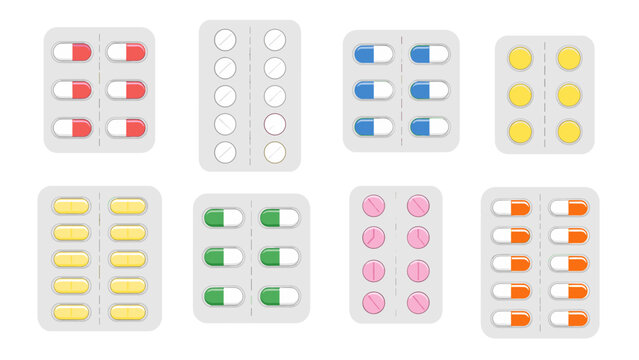 Set of colorful medicine blister packs in flat vector style