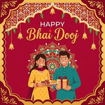 Happy bhai dooj greeting card with a sister holding a puja thali and brother