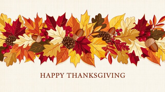 Rustic Happy Thanksgiving Card Featuring Hand Drawn Autumn Foliage Border with Acorns Pinecones and Berries on Textured Vintage Paper Background
