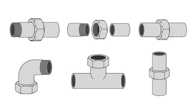 Set of threaded pipe fittings and connectors vector illustration