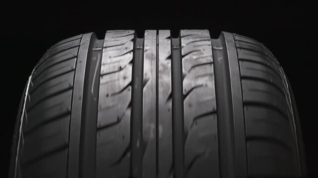 Rotating Tire on a Black Background. The surface of a car tire covered with shiny water drops slowly floats in front of the camera close-up
