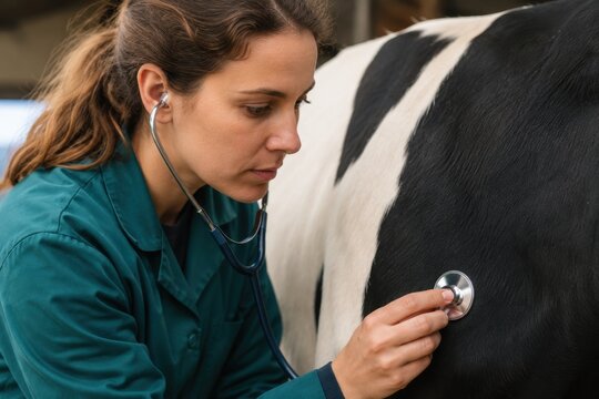 Professional female veterinarian examining a dairy cow with a stethoscope, listening to heartbeat