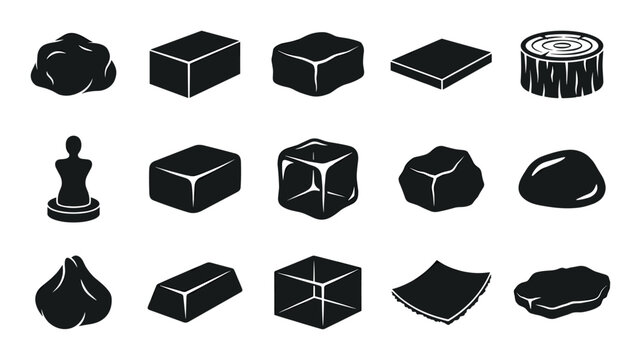 Solid and geometric vector icons with rock, cube and nugget for infographic design in glyph style