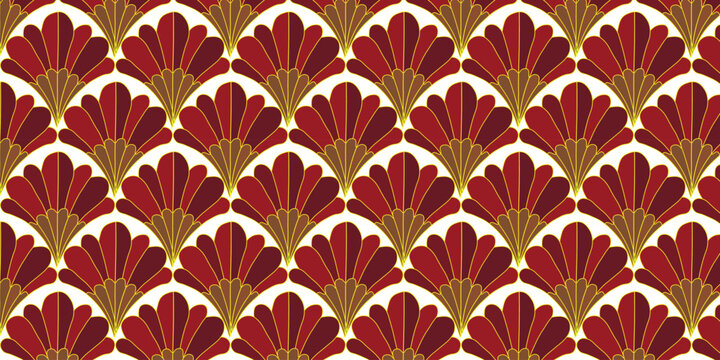 Art Deco seamless pattern with red fan motifs, elegant vintage geometric background, luxury gold and burgundy floral ornament vector