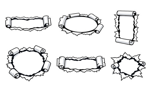 Set of torn paper hole frames and ripped edge outlines