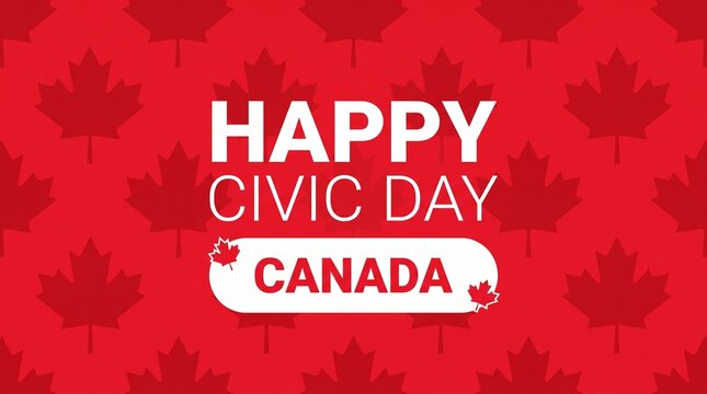 Happy Civic Day Canada greeting card, red maple leaf pattern background, patriotic Canadian holiday celebration banner for social media and marketing