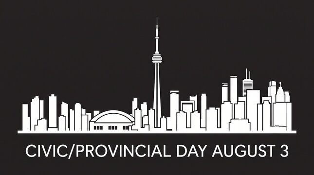 Minimalist city skyline silhouette for Civic Provincial Day August 3, white urban cityscape outline on black background, Canadian holiday celebration graphic