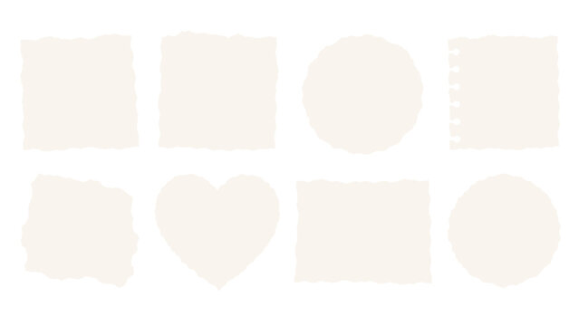 Set of torn paper note frames in square circle and heart shapes