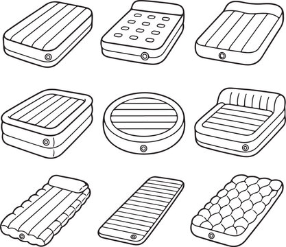 A collection of various inflatable mattress designs are displayed in a black and white.