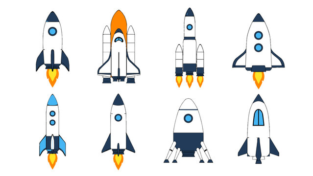 Set of cartoon rocket and space shuttle vector illustrations