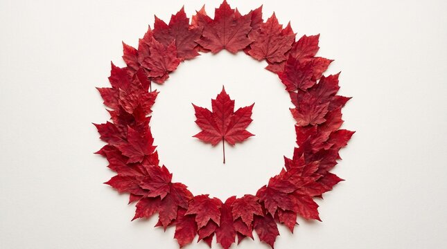 Vibrant red maple leaf wreath on white background, autumn foliage circle frame, minimalist fall season composition with central maple leaf