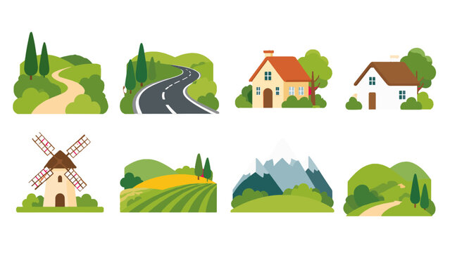 Set of rural landscape and house icons in flat vector style