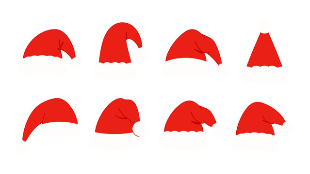 Set of red Santa hats isolated on white background