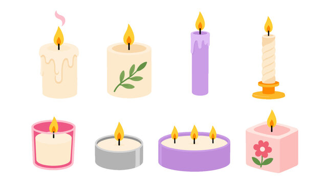 Set of decorative burning candles in flat vector style