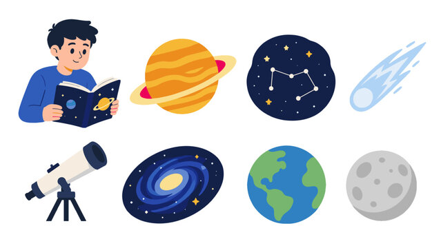 Space and astronomy cartoon icons with child reading book