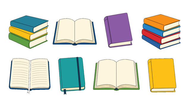 Set of colorful book icons with open and stacked volumes