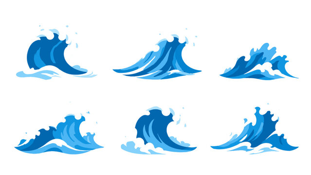Set of stylized blue ocean waves with white foam splashes