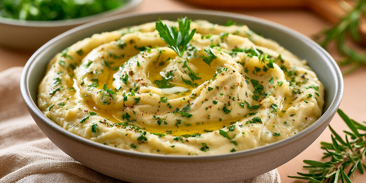 Rustic ceramic bowl of creamy mashed potatoes drizzled with olive oil and garnished with fresh herbs