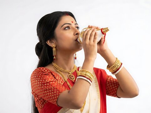 Beautiful indian woman blowing a conch shell isolated on white background