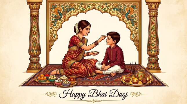 Bhai dooj celebration with sister applying tilak on brothers forehead