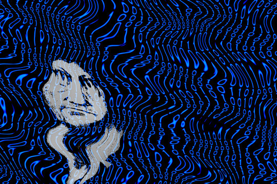 Ghostly human head on digital display with wavy surreal blue zero and one numbers. Deformed twisted binary code and imaginary artificial mind on abstract cyber space image of true, false and infinity.