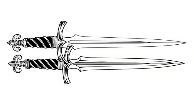Detailed Black and White Vector Illustration of Two Ornate Medieval Daggers with Fleur-de-lis Pommels