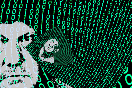 Abstract binary code with human head shrinking in distorted stream and fading in infinity. Person detail trapped in artificial virtual reality of green ones and zeros reducing in warped digital space.