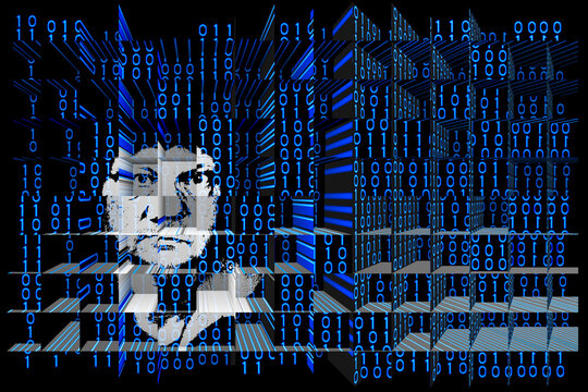 Abstract human head in ones and zeros image of binary codes fragmented to cubes. Hidden observer mind of social media net caught in blue digital screen cubic pattern divided in spatial squared raster.