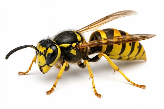 Yellow jacket wasp resting on plain white background closeup