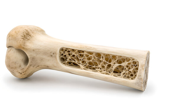 Osteopenia bone cross section with thinned trabeculae, photorealistic medical education image on white clinical background with copy space for healthcare, radiology, and patient communication