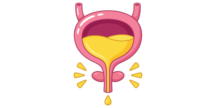 A colorful cartoon human bladder illustration, full of urine and experiencing an urge to urinate.