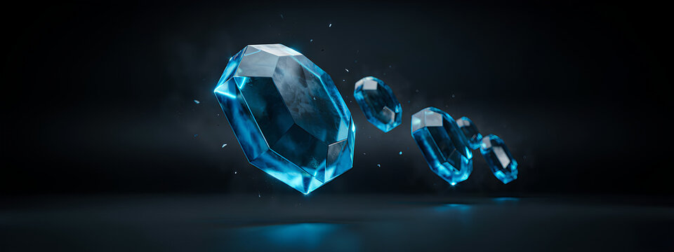 Luxury Blue Crystal Gemstone Background with Floating Glass Diamonds. Premium Abstract Technology Banner for Branding, Business, Presentation and Web Design