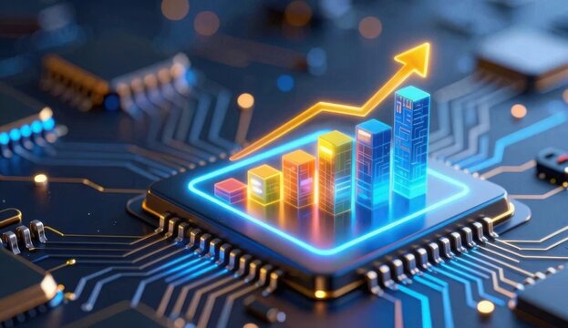 Macro close-up of a microchip morphing into a 3D bar chart symbolizing technological innovation and growth.
