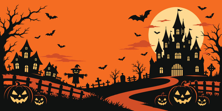 Spooky halloween background vector illustration featuring a haunted castle silhouette full moon bats and jack o lanterns for festive seasonal design