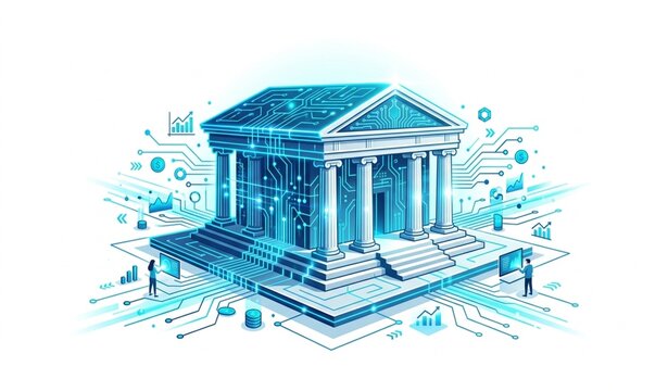 Classical bank building vector illustration with glowing digital technology elements for modern financial system and economic stability concept on white background