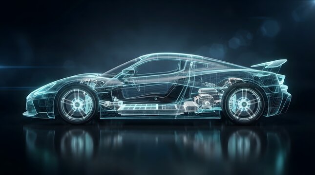 Futuristic transparent electric sports car wireframe with glowing blue holographic engineering design and advanced technology